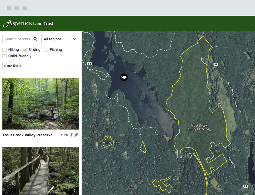 Screen shot of LandTrustMap for Aspetuck Land Trust